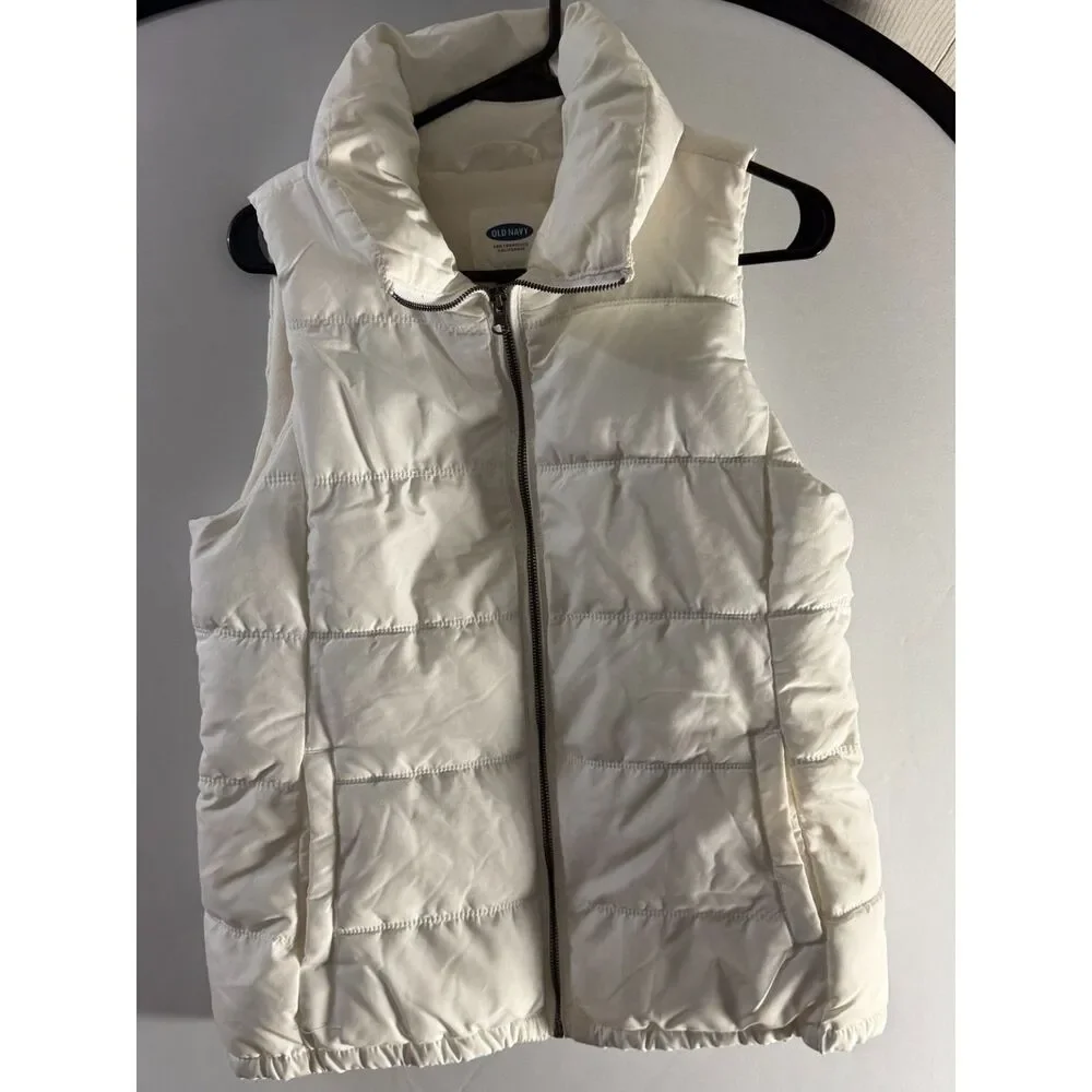 Old Navy Women’s Medium M White Puffer Vest Full Zip Quilted